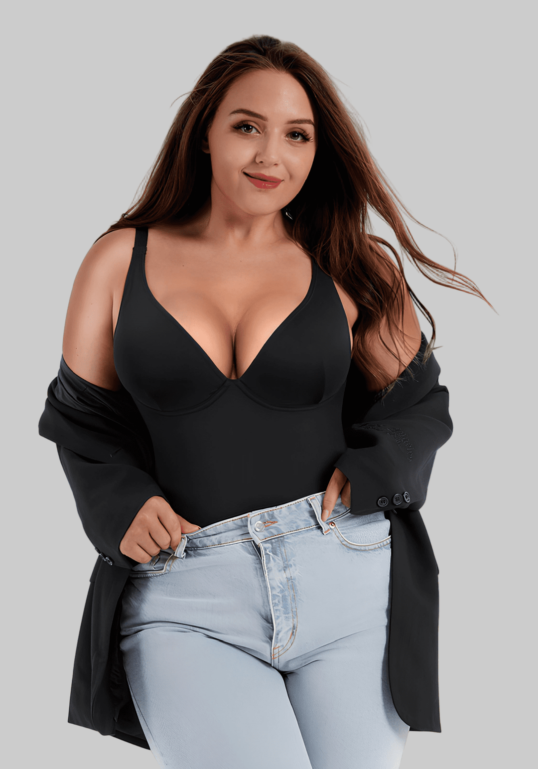 v-neck one-piece bodysuit with deep V-neckline, slimming compression, and low-back design for stylish support