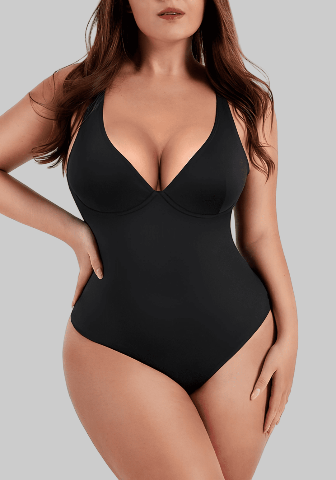 v-neck one-piece bodysuit with deep V-neckline, slimming compression, and low-back design for elegant styling