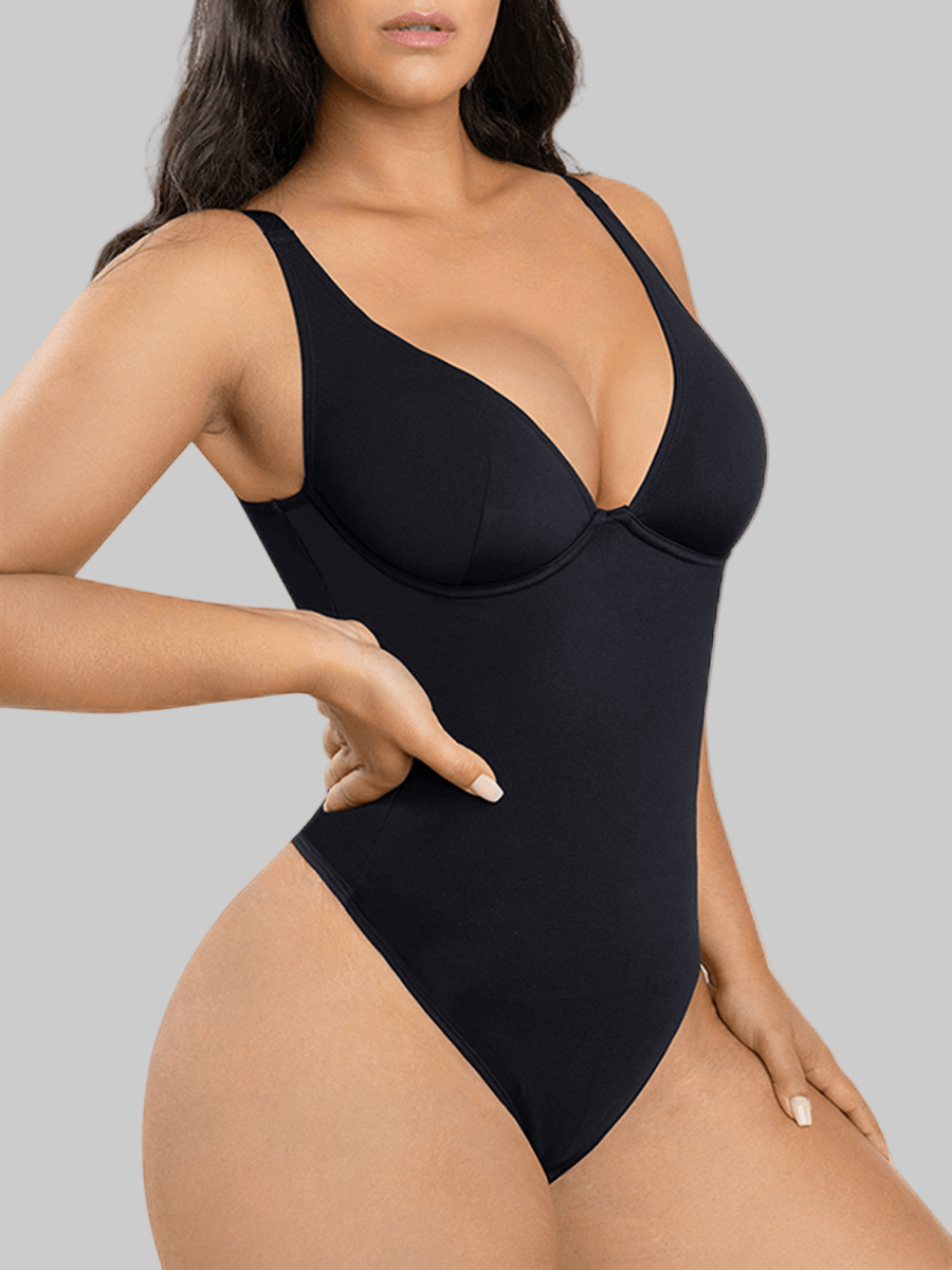 v-neck one-piece bodysuit with deep plunge neckline, slimming fit, and U-shaped back for elegant low-cut styles