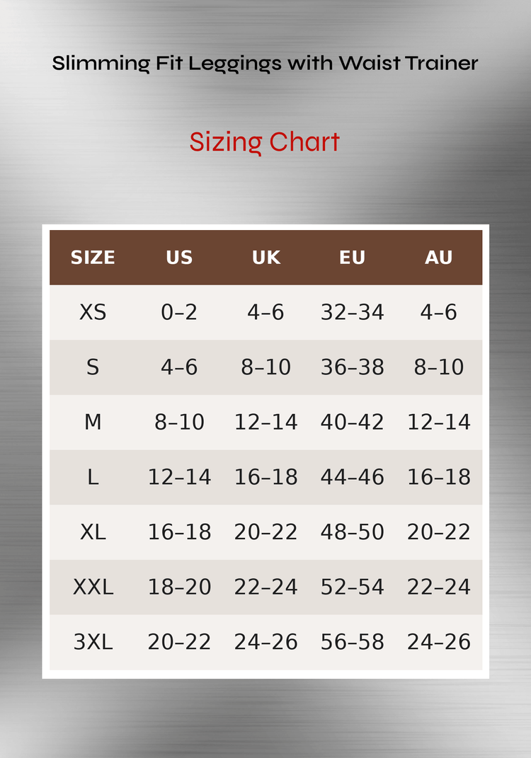 waist trainer leggings sizing chart for slimming fit leggings with waist trainer, size guide XS to 3XL