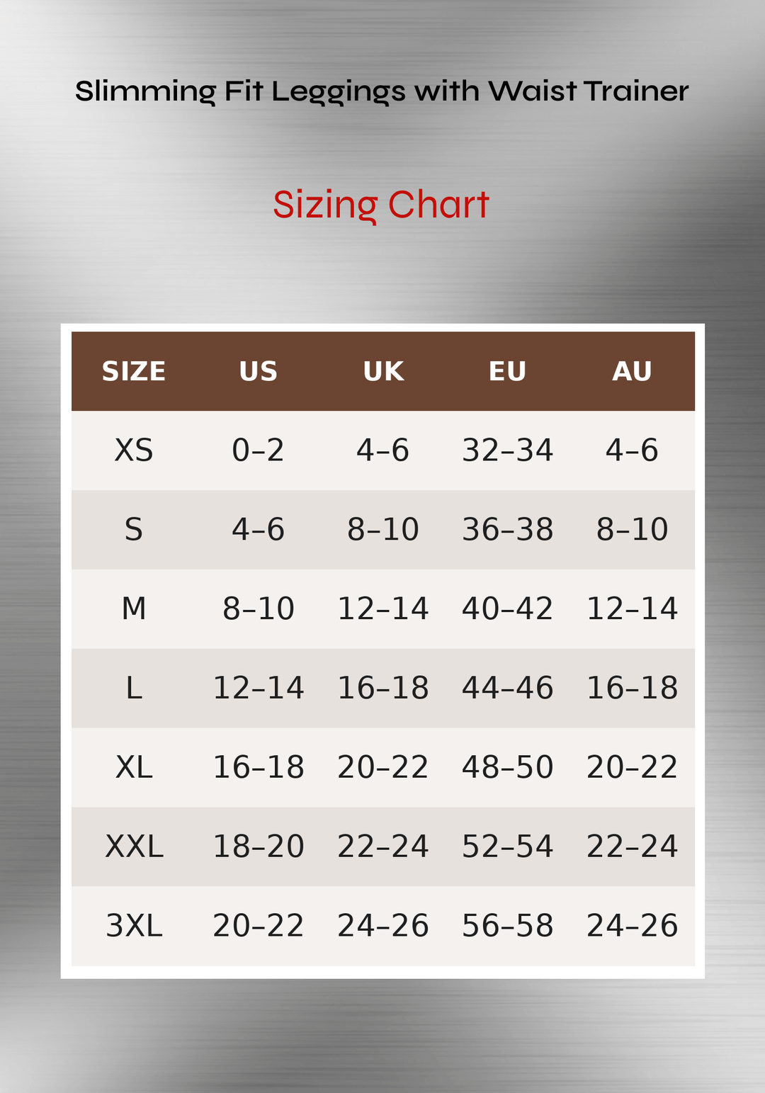 waist trainer leggings sizing chart for slimming fit leggings with waist trainer, size guide XS to 3XL