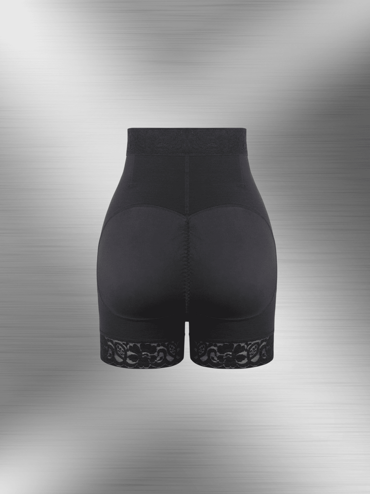zip-front high-waisted shorts firm-control shapewear with butt-lifting design and lace hem, black