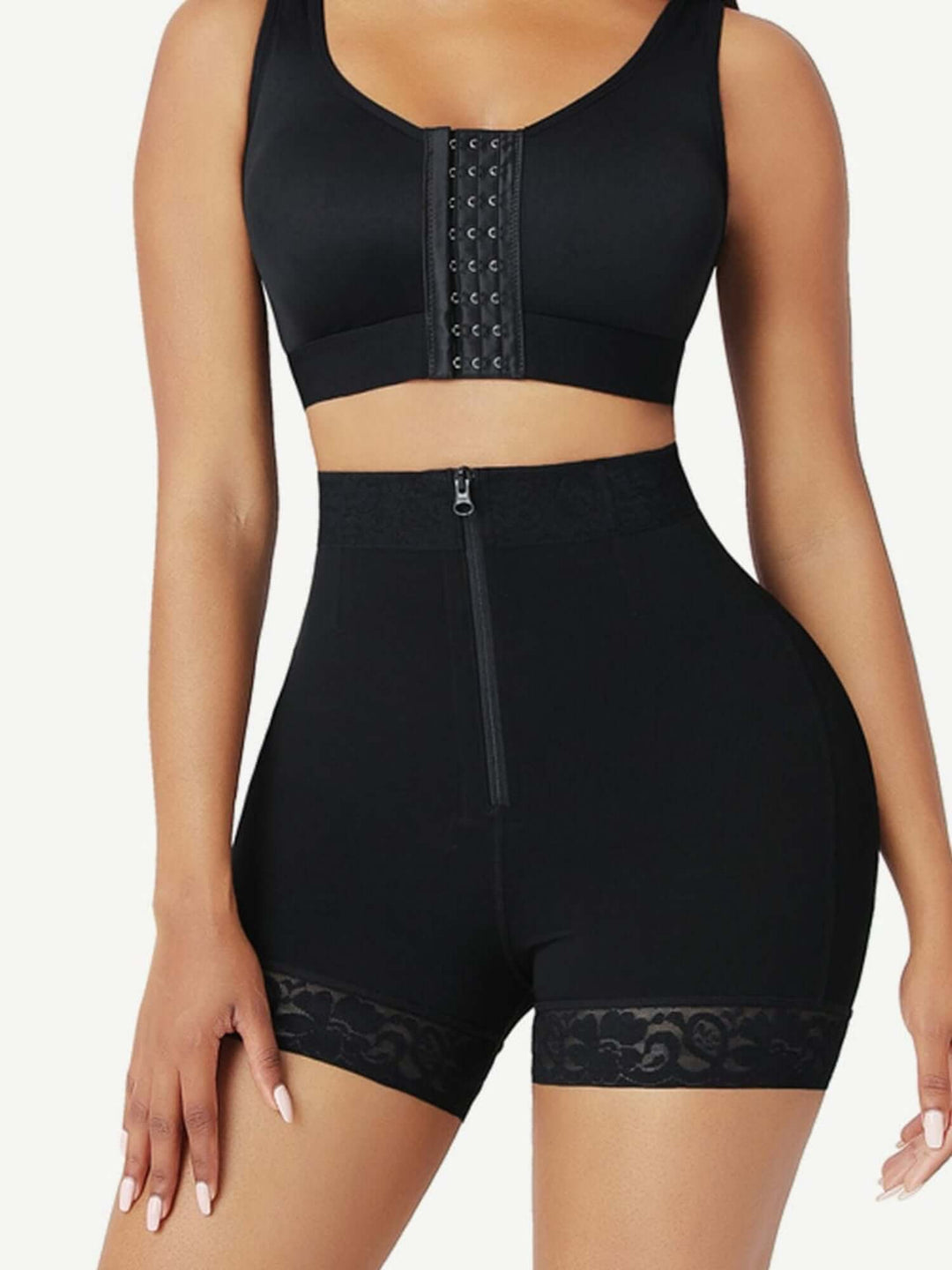 zip-front high-waisted shorts with firm control, steel waist bones, butt lifting design, and smooth silhouette for tight-fitting outfits