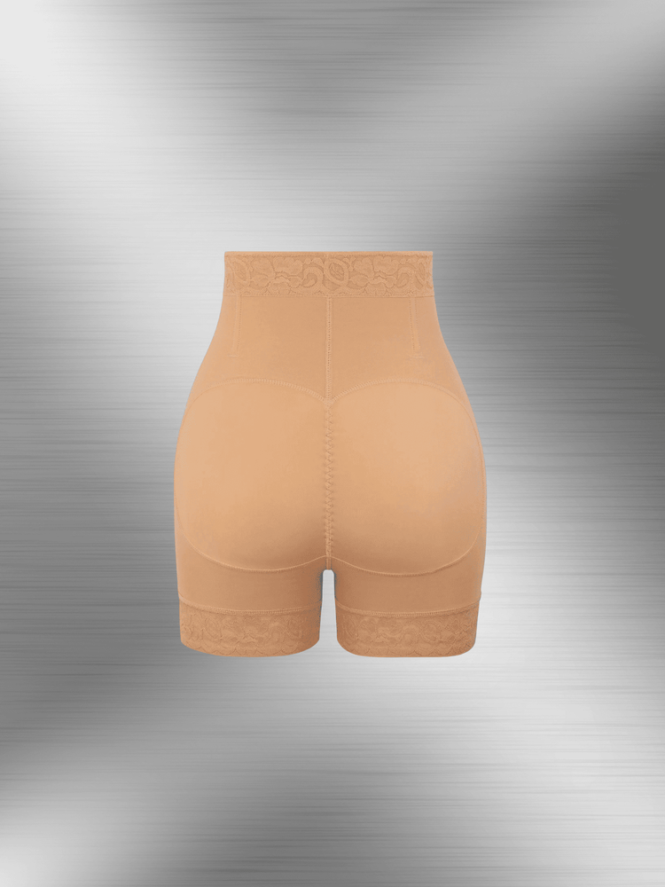 zip-front high-waisted shorts, medium-control body shaper with butt lifting design and anti-roll waist for a smooth silhouette