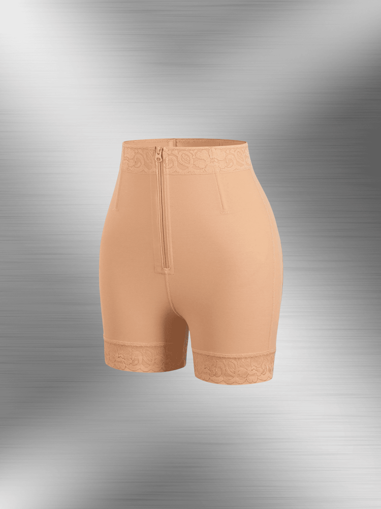 zip-front high-waisted shorts with firm control, steel waist bones, butt-lifting design, and smooth silhouette for tight-fitting outfits