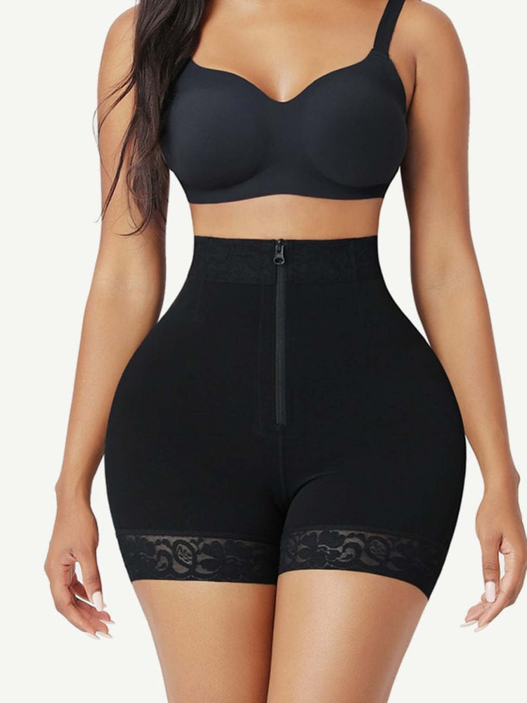 zip-front high-waisted shorts with firm control, butt lifting design, and medium support for a smooth silhouette