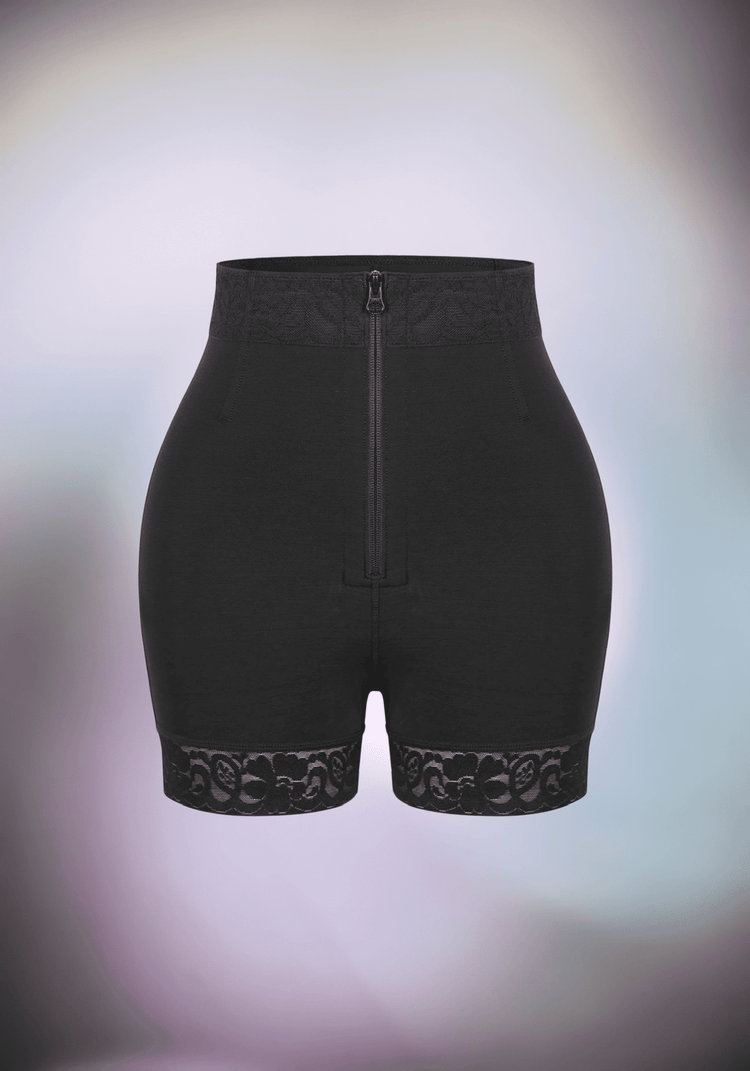 zip-front high-waisted shorts with firm control, steel boning, butt lift, and lace trim for a smooth silhouette