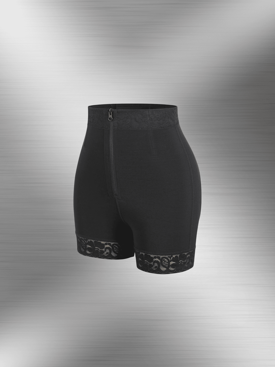 zip-front high-waisted shorts, firm control shapewear with butt-lifting design and steel bones for a smooth silhouette