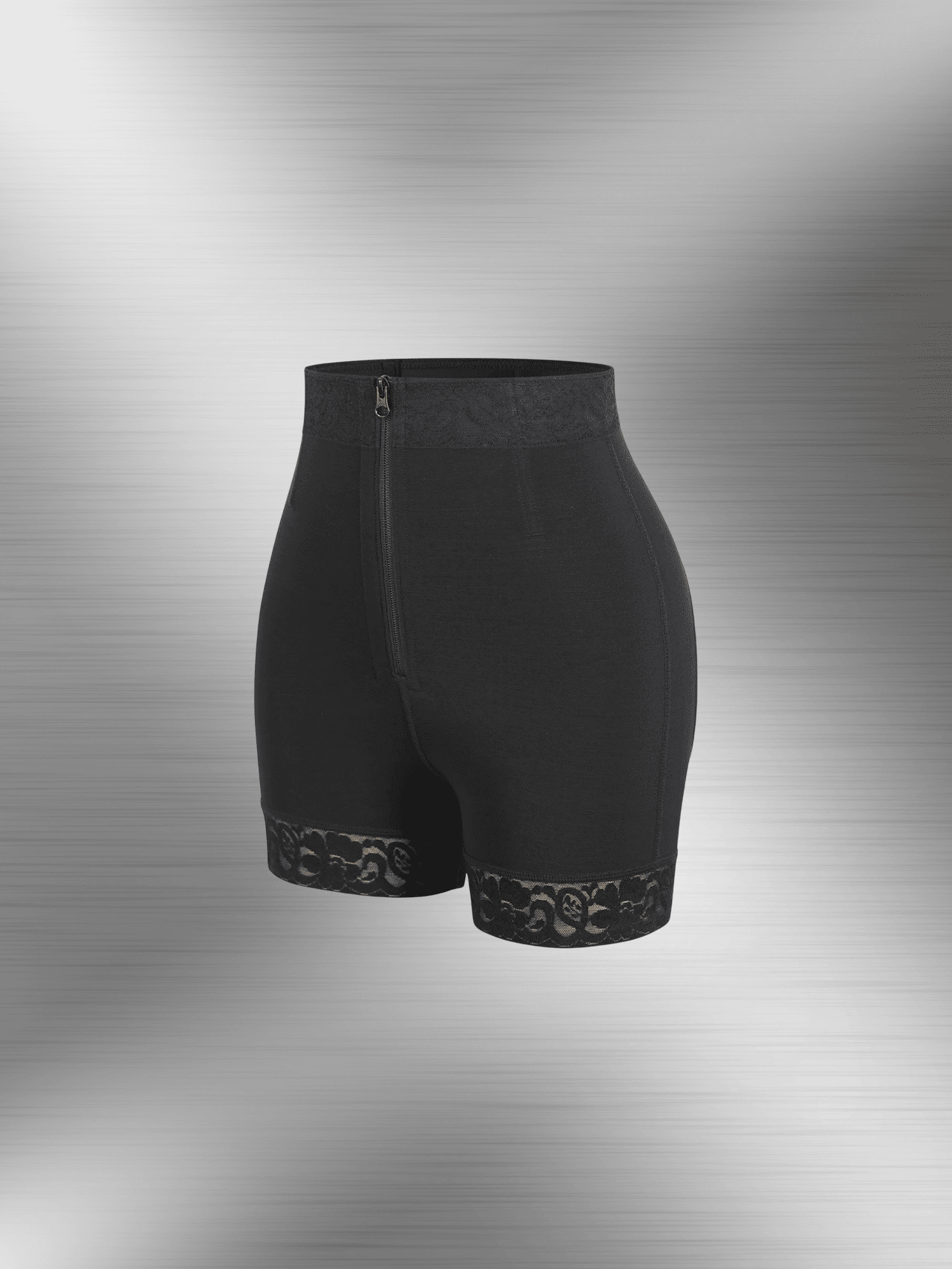 zip-front high-waisted shorts, firm control shapewear with butt-lifting design and steel bones for a smooth silhouette