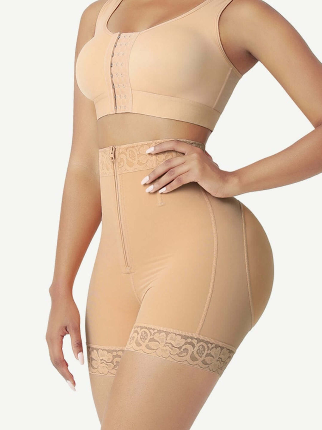 zip-front high-waisted shorts with firm control, steel bones, butt lifting design, and smooth silhouette for tight-fitting outfits