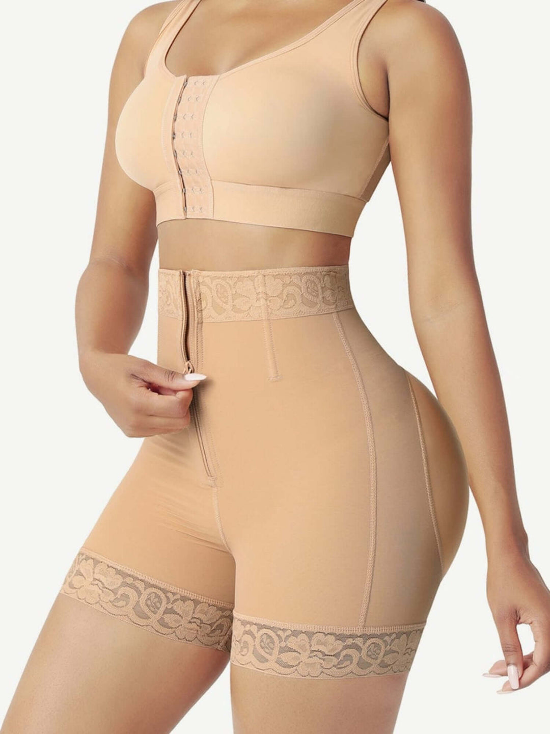 zip-front high-waisted shorts with firm control, steel bones, butt lifting design, and smooth silhouette